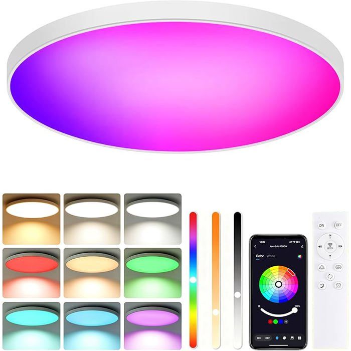 Plafonnier LED RG Plafonnier Connecté Rond 30cm 24W 2700-6500K Dimmable Lampe de Plafond avec Télécommande et Ø30CM