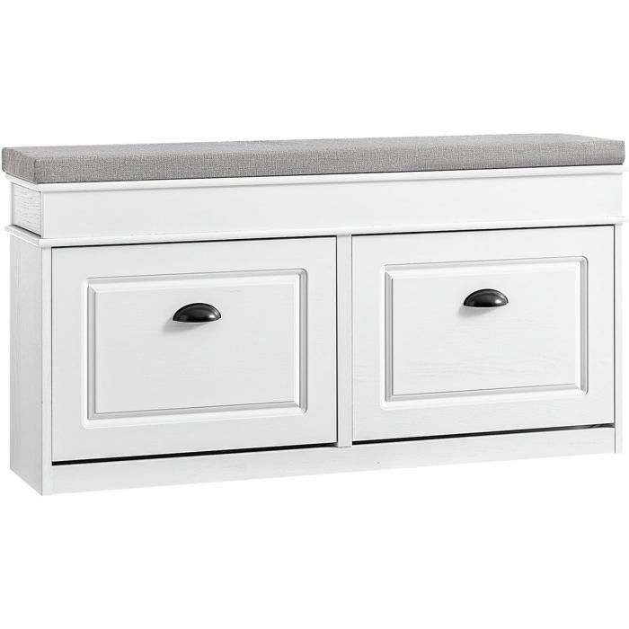 Banc rangement chaussures entrée étroite 2 abattants coussin amovible étagère 104xP24xH54cm effet bois vieilli blanc