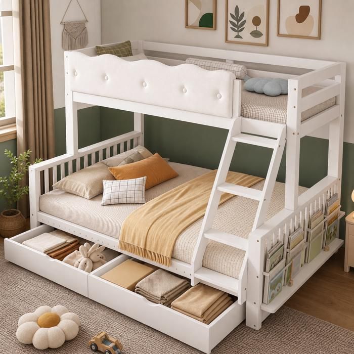 Lit superposé pour enfants et adultes avec coffre tiroirs structure en bois blanc 90x200/140x200 cm