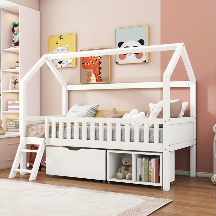 Lit cabane enfant 90 x 200 cm EVRYAE avec barrière anti-chute escalier tiroir et rangements blanc