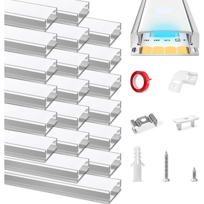 Profilé Aluminium LED Aluminium Profilé LED 20 x 1m Forme en U Profilé LED et Diffuseur LED avec Connecteur dangle Adhésif