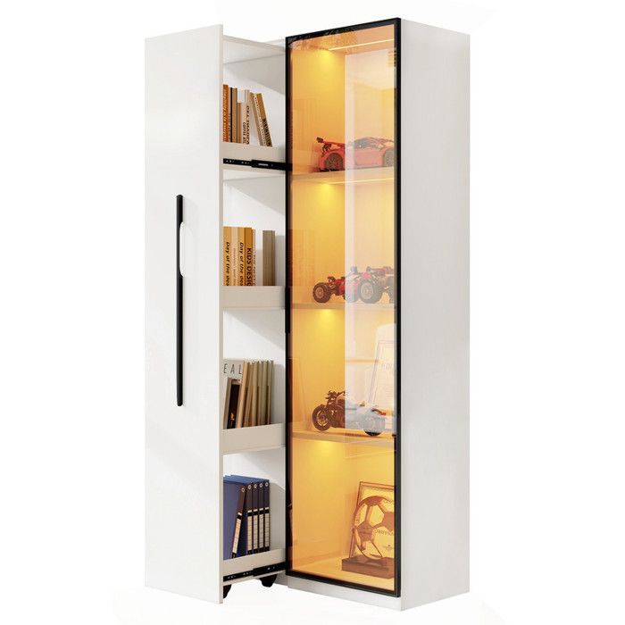 Vitrine en Verre LED avec Compartiment de 1 Porte et 1 Tiroir Latéral Armoire Multifonctionnelle Moderne avec Roulettes 70x40x160cm
