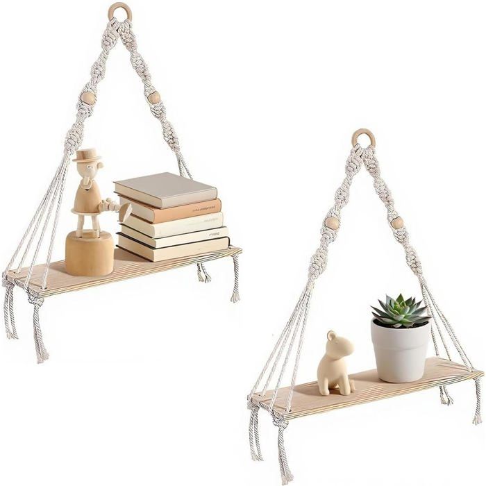 2 Pièces Etagere Murale Bois Macramé Étagère Murale Étagères À Corde En Bois Deco Murale Boheme Etagere Suspendue Étagère En[BI60]