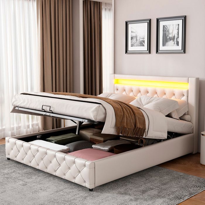 Lit ydraulique 140x190 cm avec LED Rangement intégré PU Blanc
