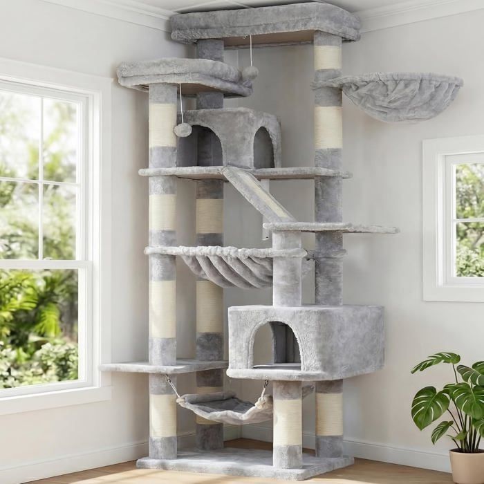 Arbre à chat Heybly 180 cm 2 plateformes 2 cabanes & 2 hamacs – panneau à griffer inclus – gris clair (HCT034W)