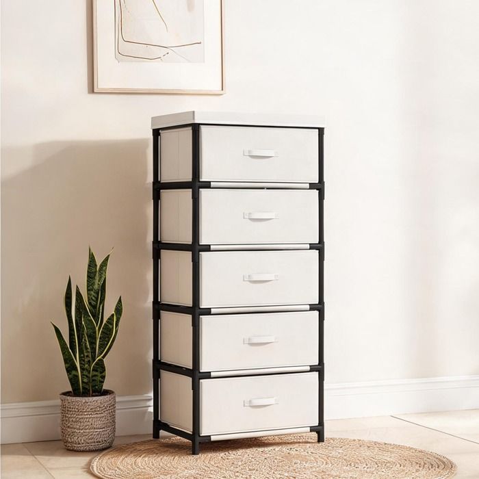 Commode basse 5 tiroirs tissu et structure acier rangement chambre et salon - Bege Linho Aço 42 x 32 x 100 cm Ref AYXB9X