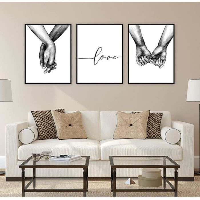 Set De 3 Affiches Noir Et Blanc Main Dans La Main - Toile 40x50cm - Déco Murale Amour, Salon, Chambre