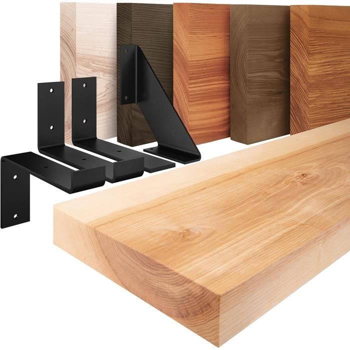 Étagère Murale Bois Massif Frêne 120 Cm | Étagère Rustique Industrielle 4 Cm D'Épaisseur Avec Équerres Noires - LAMO Manufaktur