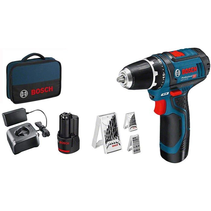 Bosch Perceuse visseuse sans fil GSR 10,8V 2Ah 10,8 2-Li 2 batteries 2Ah + 39 accessoires Bosch + Sacoche en tissu