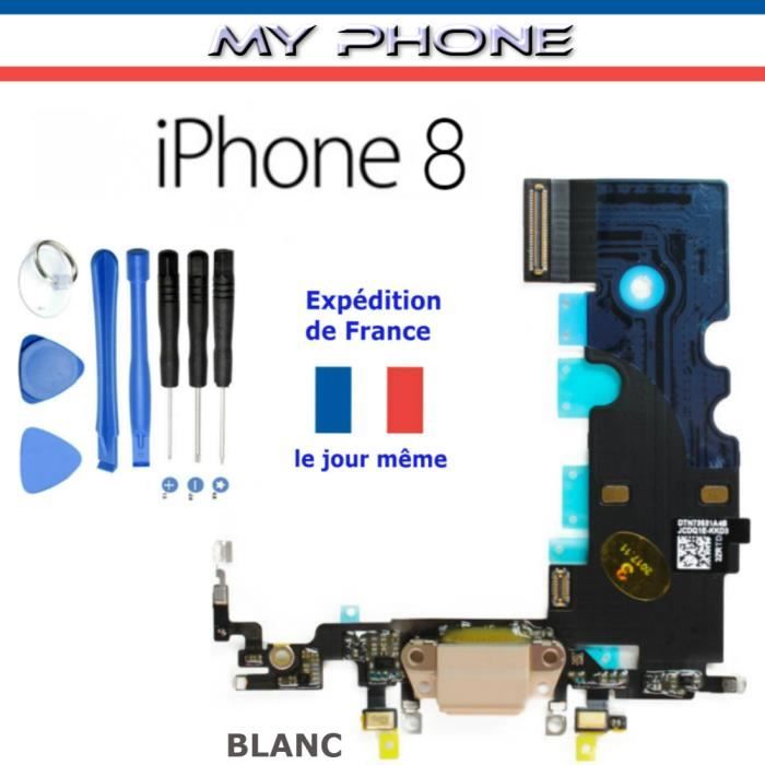 MY PHONE : Connecteur de CHARGE pour APPLE IPHONE 8 BLANC + Microphone Dock Port micro USB Nappe Flex + Kit 8 outils