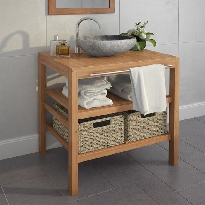 Meuble De Salle De Bain Avec 2 Paniers Teck Massif 74x45x75 Cm Cdiscount Maison