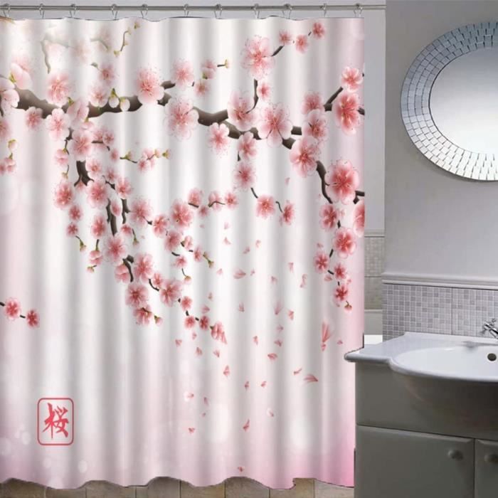 Rideau De Douche Imperméable 120x200 Cm Motif Fleurs De Cerisier Japonais | Tissu Polyester Anti-moisissure | Livré Avec 8 Crochets