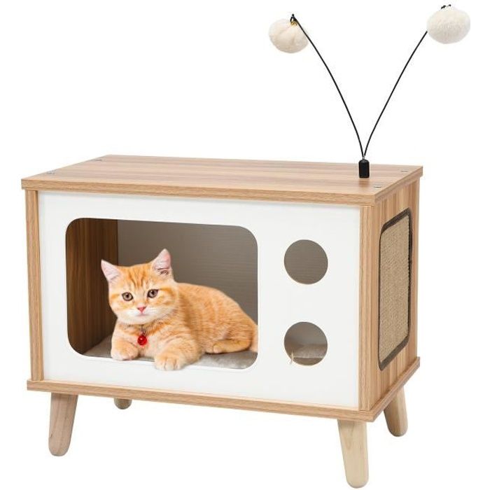 Costway Niche Pour Chat En Bois Forme De Televiseur Maison Pour Chat Sur Pied Avec Grattoir Coussin Moelleux Et Jouets Amovibles Cdiscount Animalerie