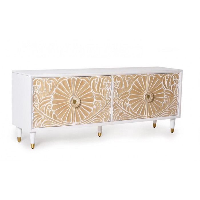 Meuble TV - Giner y Colomer - Mangue Blanc - Sculpté Main - Accents Dorés Meuble TV - Giner y Colomer - Mangue Blanc - Sculpté Main - Accents Dorés