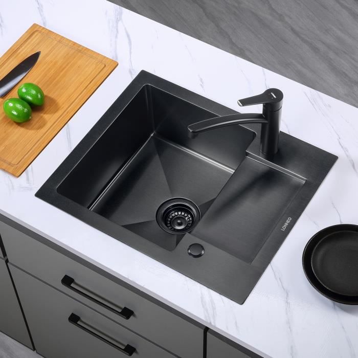 lonheo evier cuisine 1 bac 58 48 18cm evier noir en acier inoxydable 201 pour cuisine evier a encastrer avec ensemble de drainage cdiscount bricolage