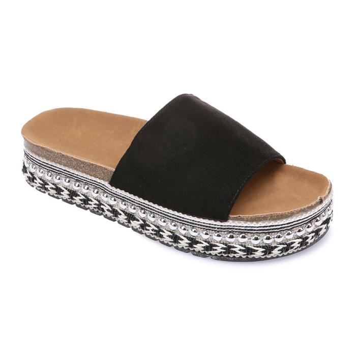 Mules Femme Semelles clout es et motifs ethniques Noir Noir