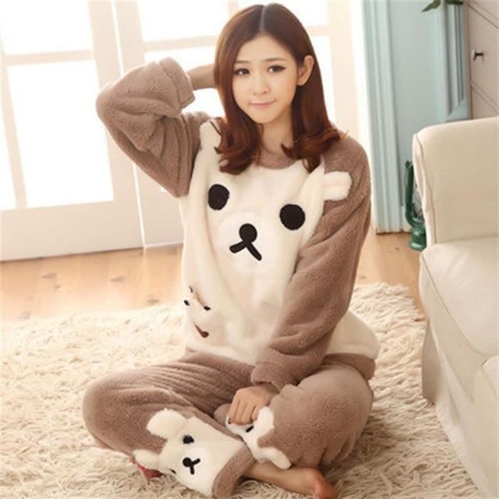 Pyjama flanelle femme chaud en velours pour F25KKn Marron Animal