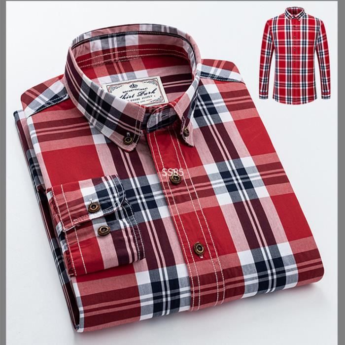 Chemise Homme Carreau Rouge Manches Longues en Coton Mi Saison