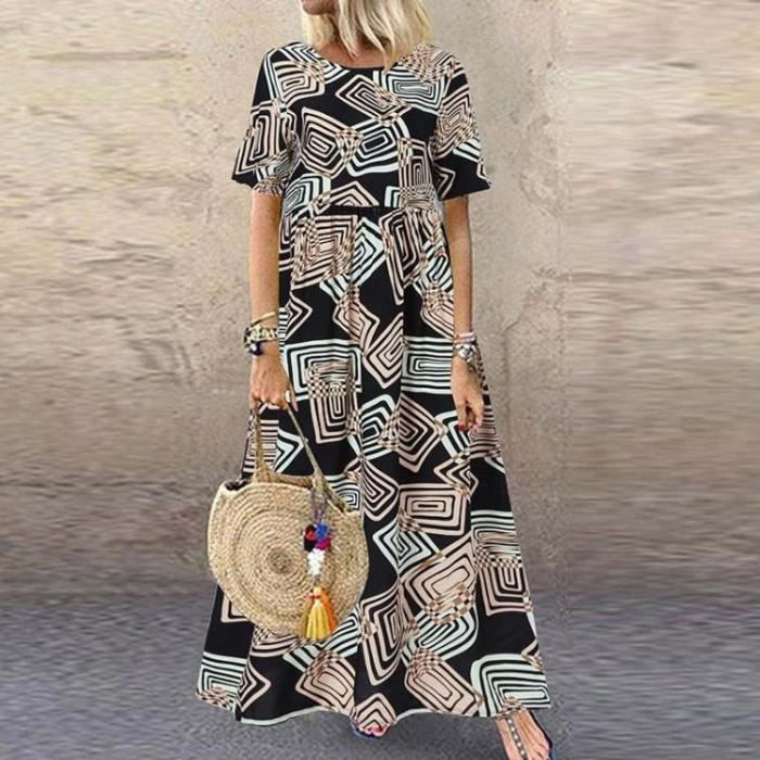 Simple Robe O ROBE Femme - simple Robe vintage à manches courtes et col rond imprimé ...