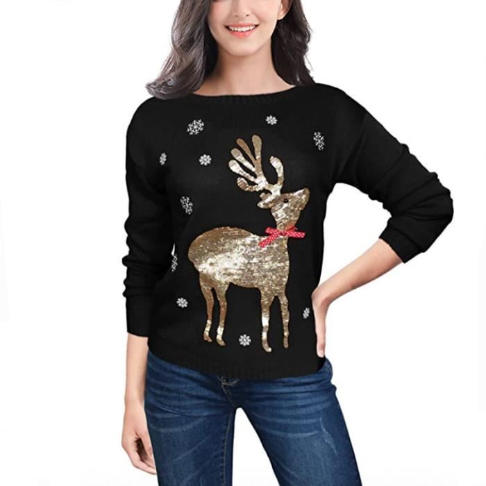 Pull over Noel Femme INSFITY Jacquard Paillettes Col Arrondi Manches Longues Noir