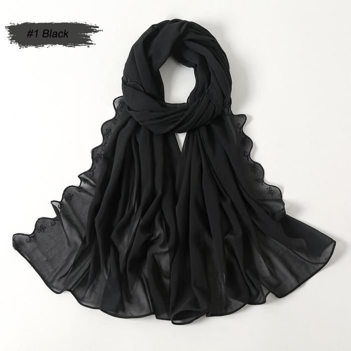 Hijabs en mousseline de soie pour femmes Foulard festonné uni brodé pour femmes musulmanes Islam