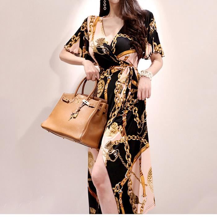 ROBE 2023 printemps ete nouvelles femmes robe imprimee temperament V neck chaine d or lacets taille longue robe Or Or Cdiscount Pret a Porter