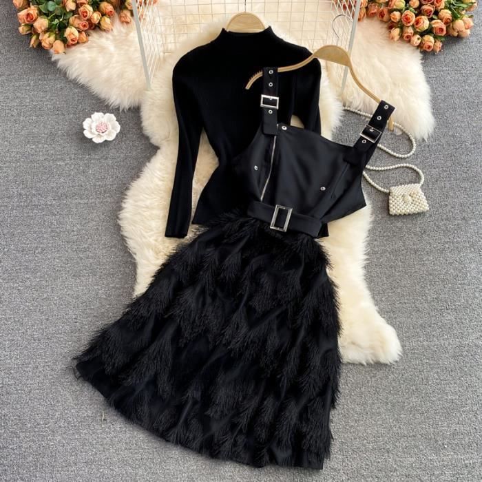 Robe Robe bretelles franges v tement d hiver noir col montant tricot serr sans doublure taille haute Black C3034