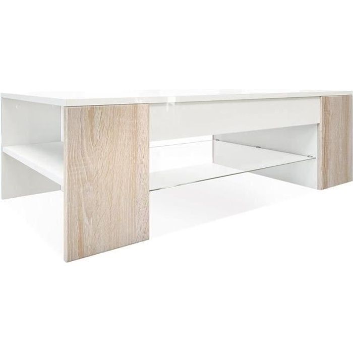 table basse en mdf blanc et aspect  chêne brut 118 cm