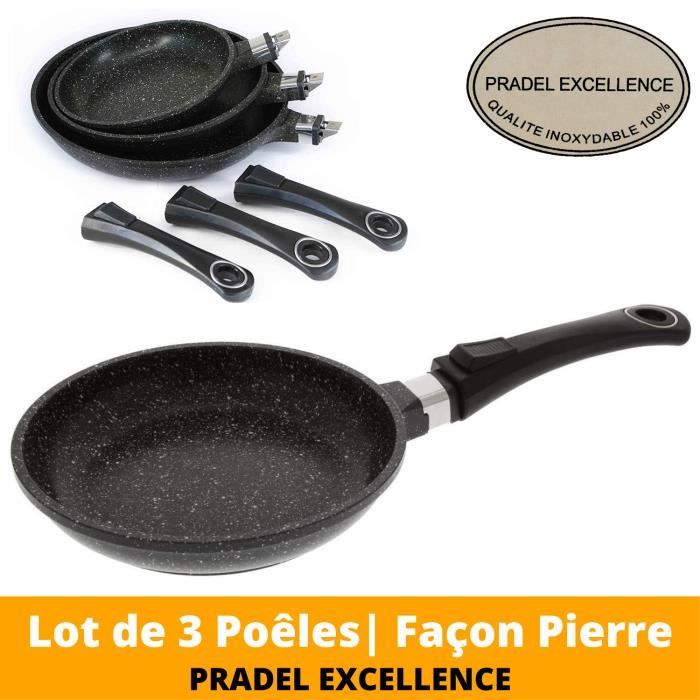 Pradel Excellence| Lot de 3 Poêles Façon Pierre, Diamètre: 20/24/28 cm| Antiadhésive, Manches Amovibles| Tous Feux dont Induction