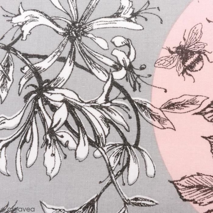 Tissu Rico - Toile de Jouy - Oiseaux - fond Gris et Rose - Par 10 cm (sur mesure) issu Rico Design :Vendu à la coupe, par 10
