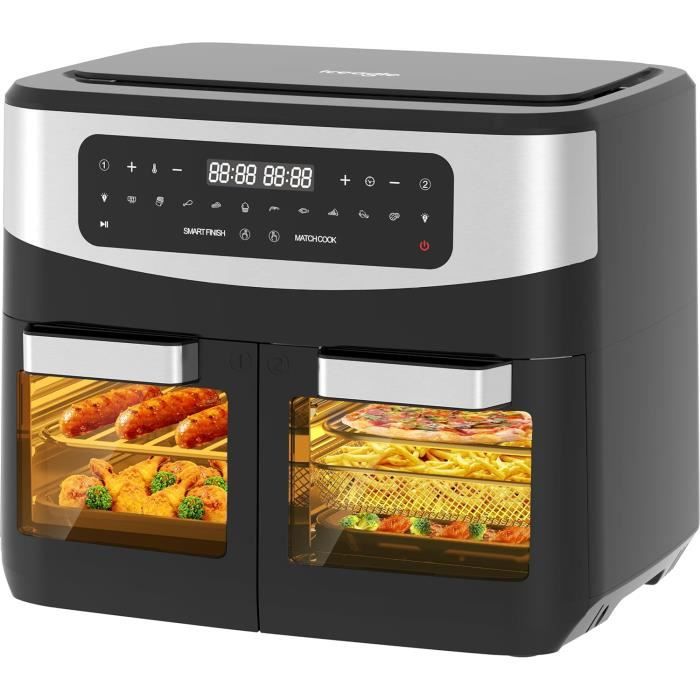 COSTWAY Air Fryer Double Panier 8L, Friteuse avec 2 Tiroirs, 10 Programmes, Combinaison Synchronisée, Écran Tactile Numérique, Air Chaud à 360°, 2100 W, Lavable au Lave-vaisselle, Noir + Argent