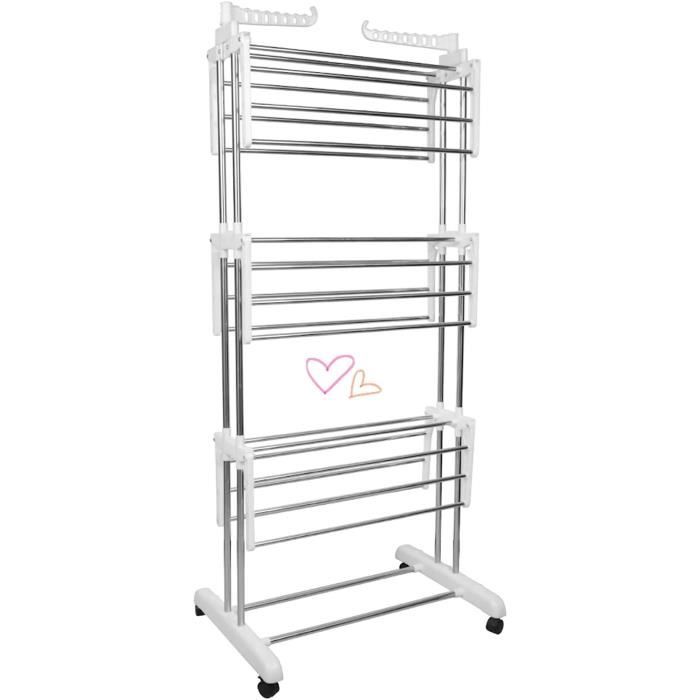 LANTUS Séchoir à Linge Pliable Avec Roulettes Grande Capacité Etendoir En Acier Inoxydable Ailes Pliables Sur 3 Niveaux De Séchage Pour Usage Intérieur/Extérieur (75 * 64 * 170cm-noir Et Blanc