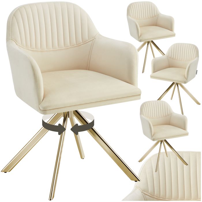 Chaise - TECTAKE - Lot de 4 fauteuils LONA pivotants avec rembourrage épais aspect velours 56 x 59 x 81 cm - Crème/Or