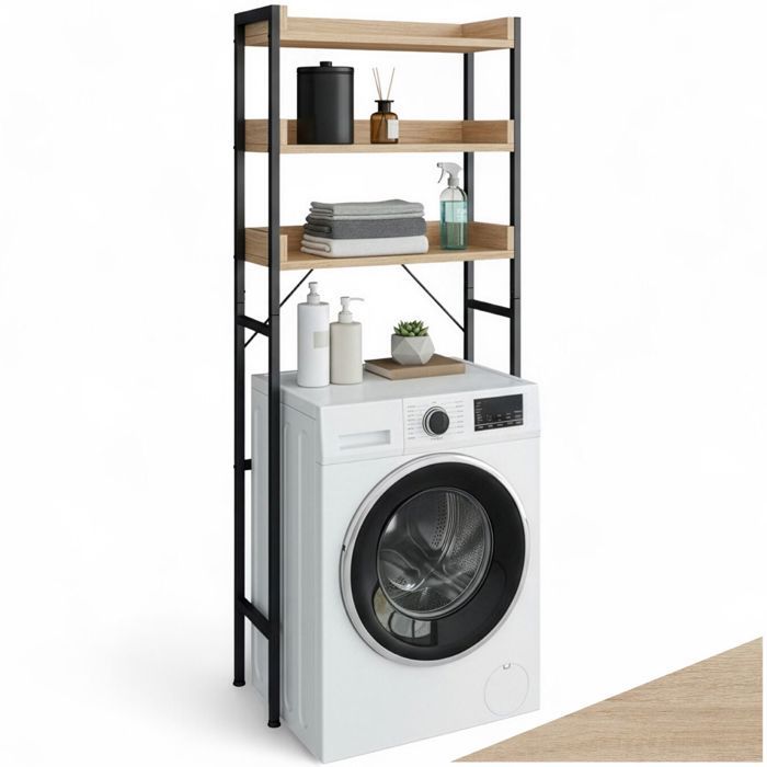 Étagère de salle de bain - TECTAKE - Colonne sur 3 niveaux SEATTLE en bois et acier - Bois clair