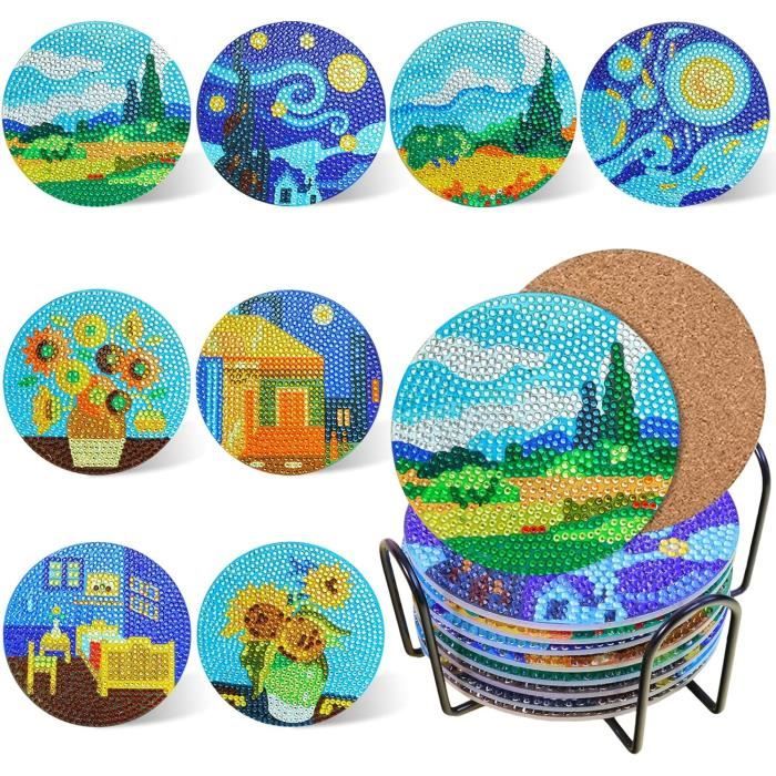 Lot De 8 Sous-Verres Peinture Diamant DIY – Paysage Abstrait Bohème, Kit Complet 5D Avec Support, Idéal Adultes & Enfants