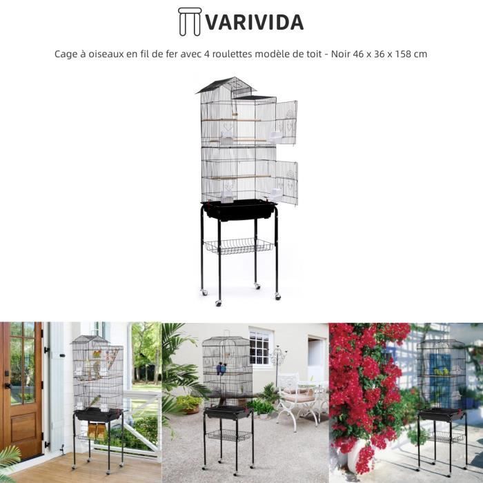 Comparer les prix de Cage à oiseaux - VARIVIDA - Modèle de toit - Noir - 46 x 36 x 158 cm - 4 roulettes