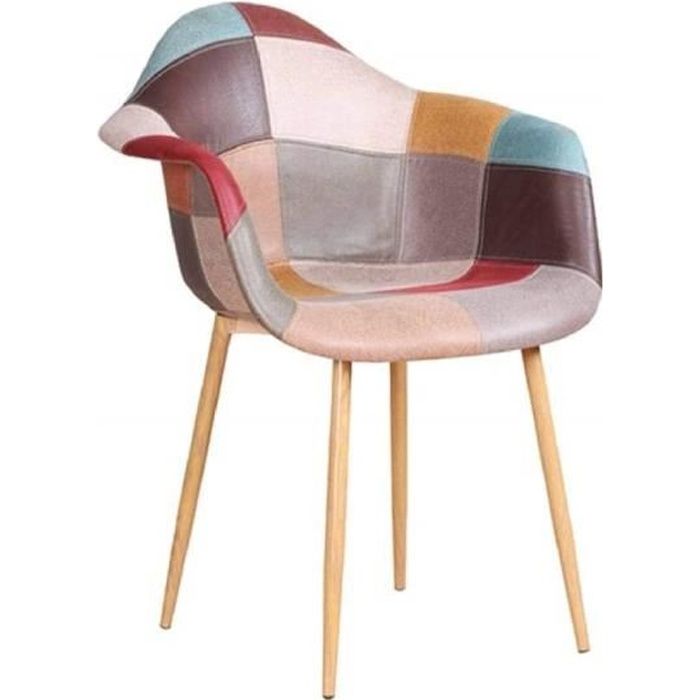 zons oraz chaises-fauteuil patchwork aux coloris différents avec empiètement en métal imitation bois,