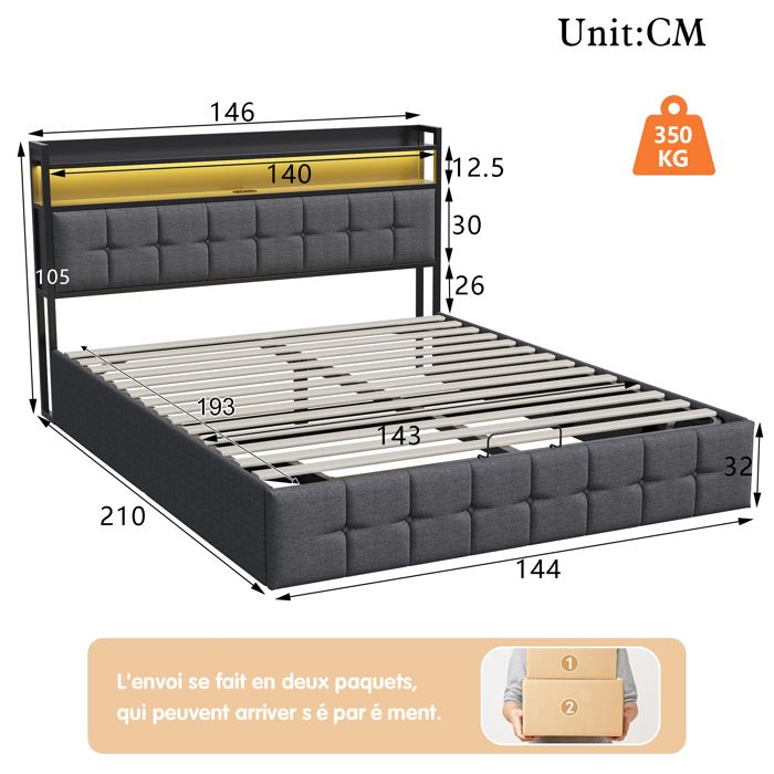 Lit coffre 140x190 cm, lit adulte, lit avec rangement, LED, USB, tête de lit réglable, En Pu gris - Lit double