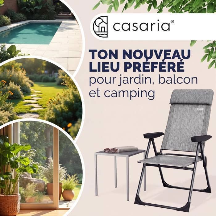 PHI VILLA Lot De 2 Chaises Jardin Pliantes Aluminium - 7 Positions - Résistantes Intempéries - Gris