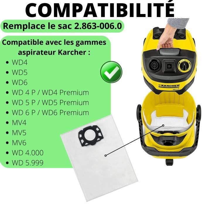 Sac aspirateur pour Karcher WD4 WD5 WD6 MV4 MV5 MV6 Sacs poussière  remplacement 2.863-006.0 [Lot 8] Phonillico® - Cdiscount Electroménager