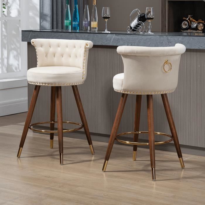 Tabourets De Bar Pivotants - Lot De 2, Hauteur Assise 68 Cm, Velours Orange, Dossier Rembourré