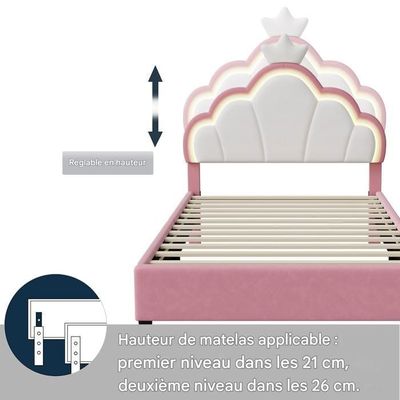 Lit Enfants 90x200, Lit Princesse, Cadre De Lit Avec Tête De Lit Florale Et Sommier à Lattes, Rose - Lit enfant