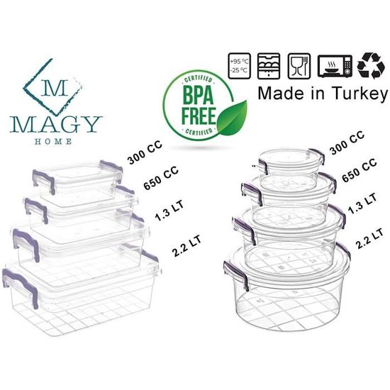 sans BPA 8 récipients + 8 couvercles MAGY Lot de 8 Boîtes Alimentaires Plastiques Récipients en Plastique Conteneur Alimentaire avec couvercles 16 pièces 