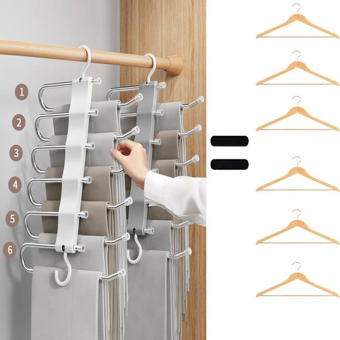 Cintre à Pantalon 6 En 1 Acier Inoxydable - Gain De Place Magique, Antidérapant Et Extensible - Idéal Pour Jeans, Cravates, Ceintures