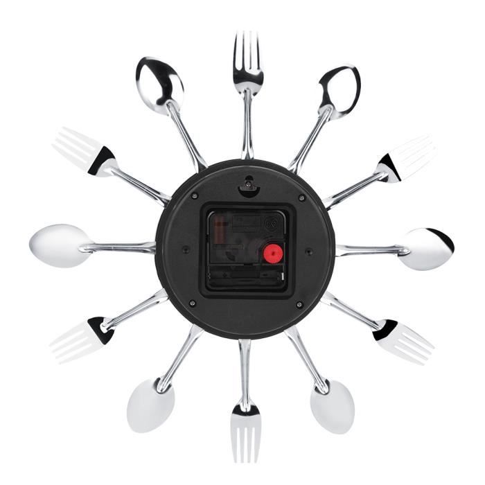 Horloge Cuisine Miroir Avec Couverts 3D - Design Créatif 32x32cm Argent