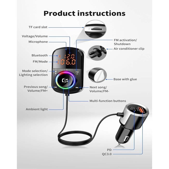 Lecture Mp3 Voiture Transmetteur FM Bluetooth 5.3 Voiture - Adaptateur Allume-Cigare Avec Double USB, Lecteur MP3 Et Main Libre Appels Mains Libres Voiture