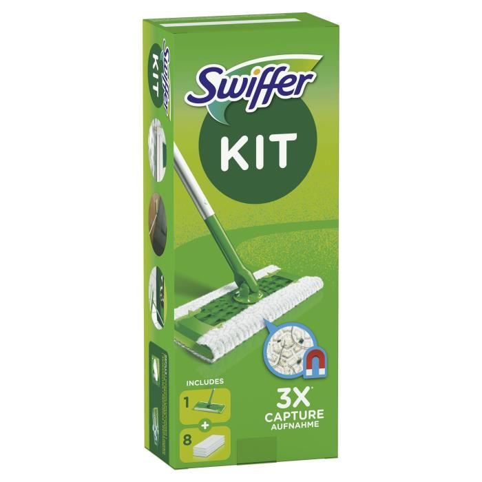 SWIFFER Kit 1 Balai + 8 Lingettes sèches pour sol