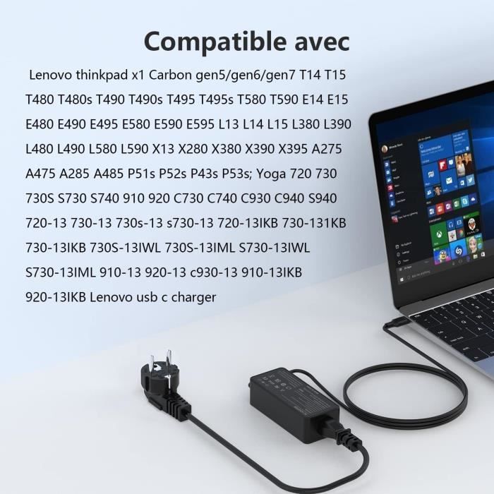 Chargeur USB-C 65W Pour Lenovo ThinkPad - Compatible T480, T490, T14, X1 Carbon, Yoga Et + (Adaptateur Secteur)