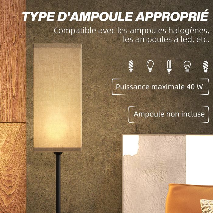 HOMCOM Lampadaire Sur Pied Salon Beige - Abat-jour Lin Contemporain, Interrupteur Pied, 120cm Pour Chambre Et Bureau