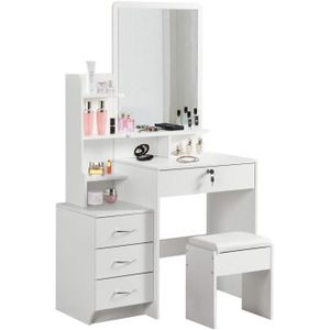 COIFFEUSE Dripex Coiffeuse Blanc,Table de Maquillage Moderne avec Miroir ,4 Tiroirs,Confortable Tabouret 87 x 40 x 144CM ( L x l x H )